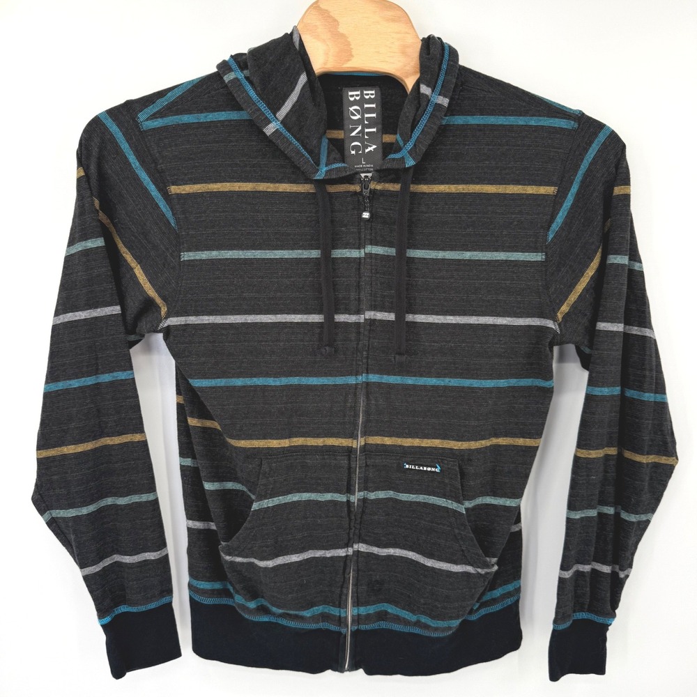 Billabong Hoodie Men Large‎ Charcoal Striped Full Zip Lightweight Cotton Surf